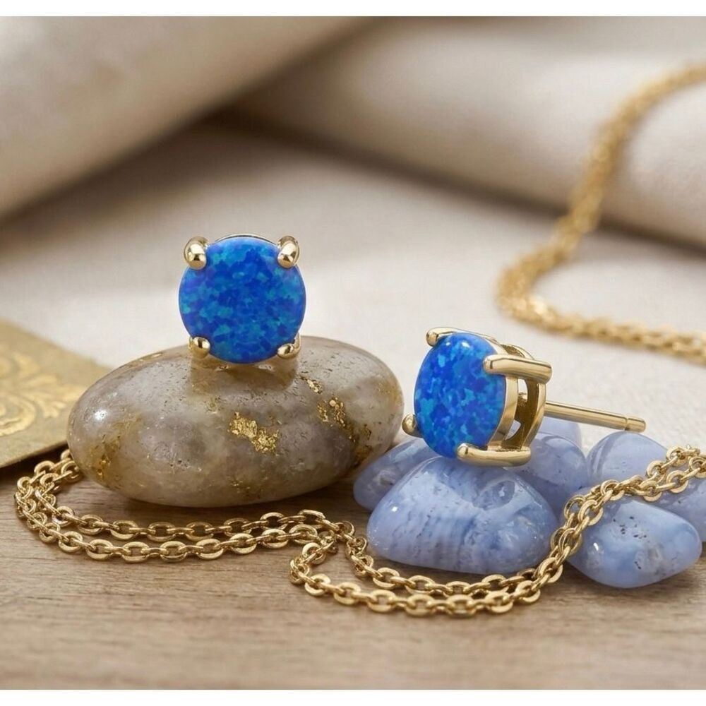 Blue Fire Opal Stud Earrings Gold Vermeil Round Solitaire October Birthstone New - Picture 2 of 5